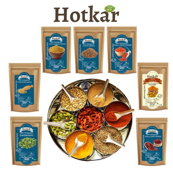 Hotkar Spice Combo Pack of 7 Chilli Powder 100g| Turmeric Whole 100g | Coriander Whole Powder 100g | Jeera Seeds Whole 100g | Popy Seed Whole 100g |  Monthly Value Pack | 400g